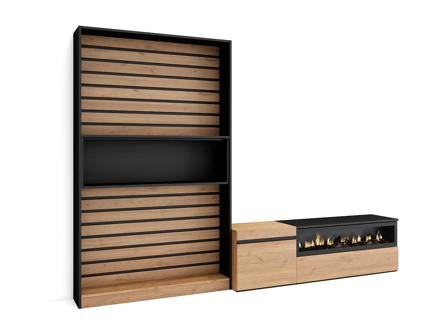 Ensemble Meuble TV, 260x35x186cm, Pour les TV jusqu'à 65", Cheminée électrique, Chêne et noir