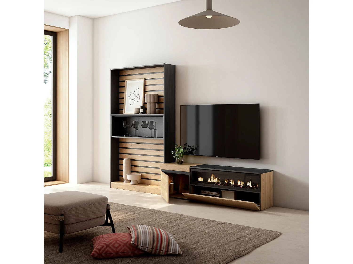 Ensemble Meuble TV, 260x35x186cm, Pour les TV jusqu'à 65", Cheminée électrique, Chêne et noir