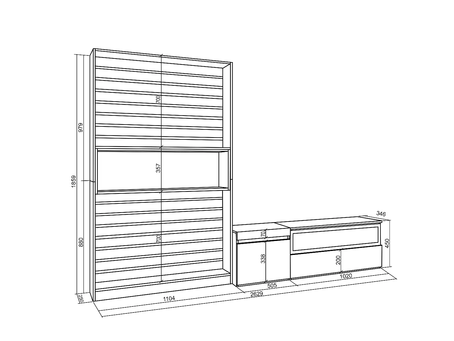 Ensemble Meuble TV, 260x35x186cm, Pour les TV jusqu'à 65", Cheminée électrique, Chêne et noir