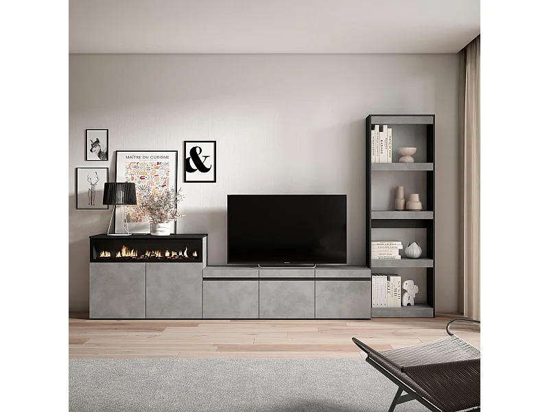 Mobile Soggiorno TV, 310x35x186cm, Per TV fino a 65", Camino elettrico, Cemento