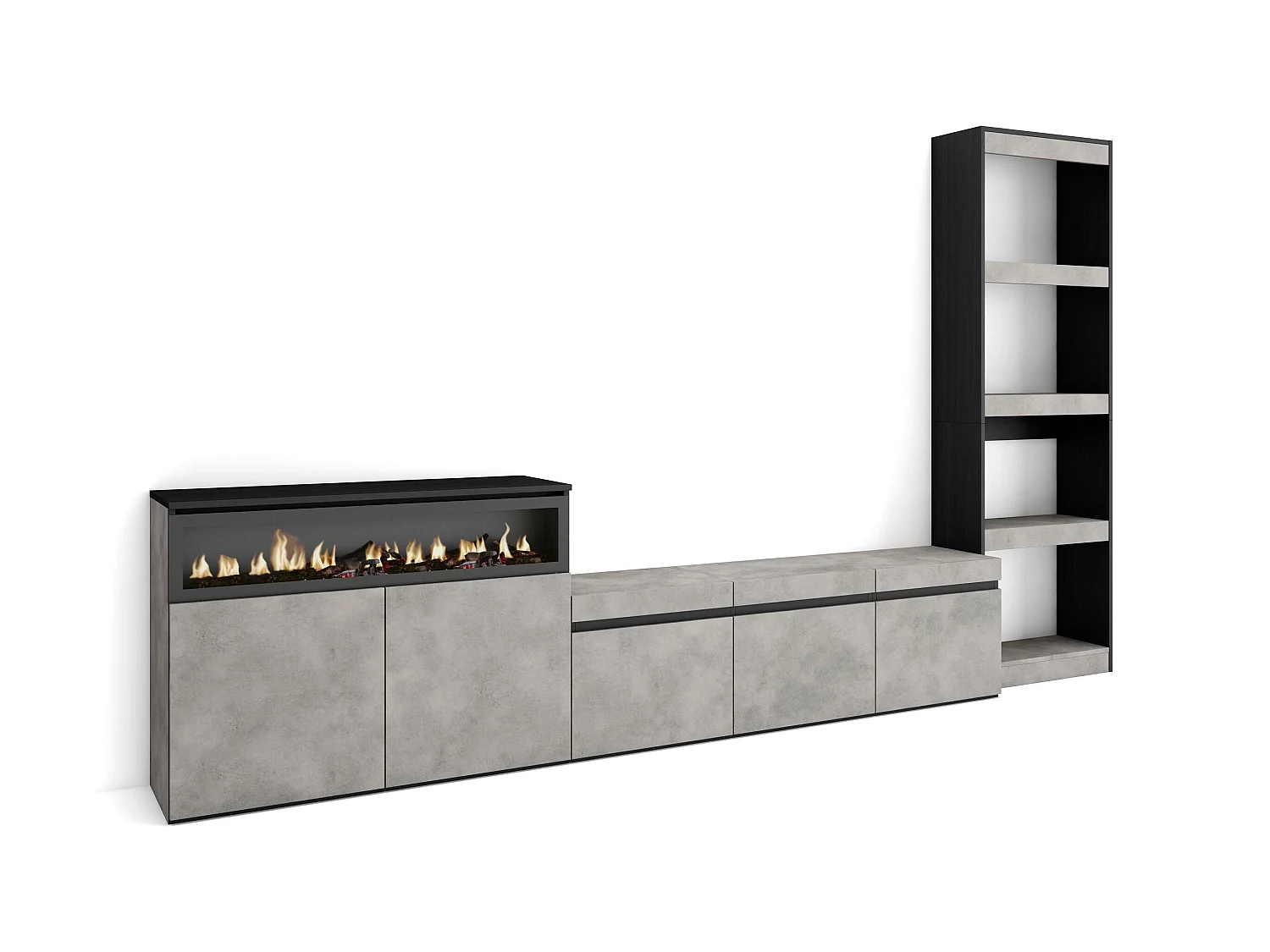 Ensemble Meuble TV, 310x35x186cm, Pour les TV jusqu'à 65", Cheminée électrique, Ciment