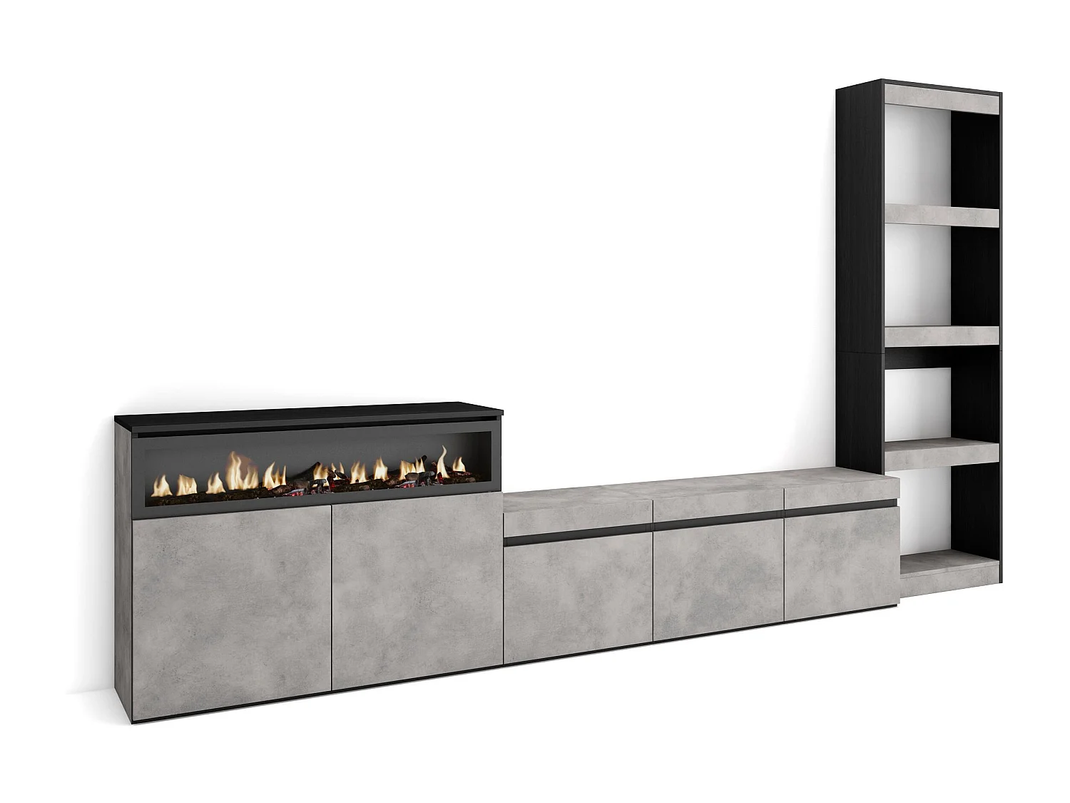 Ensemble Meuble TV, 310x35x186cm, Pour les TV jusqu'à 65", Cheminée électrique, Ciment