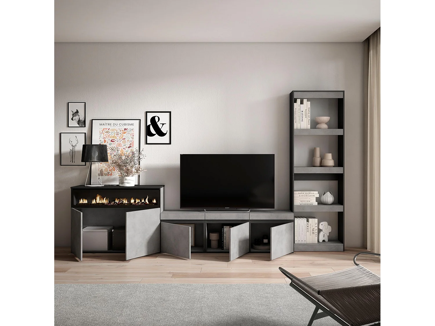 Ensemble Meuble TV, 310x35x186cm, Pour les TV jusqu'à 65", Cheminée électrique, Ciment