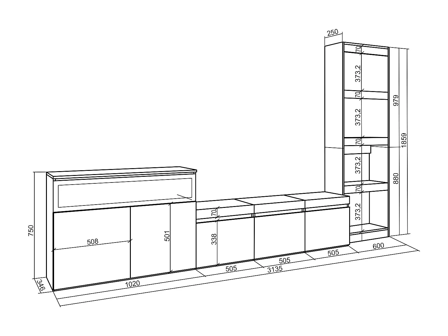 Ensemble Meuble TV, 310x35x186cm, Pour les TV jusqu'à 65", Cheminée électrique, Ciment