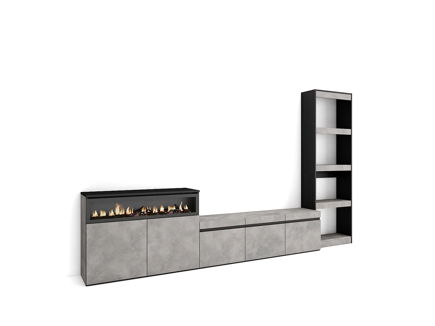 Ensemble Meuble TV, 310x35x186cm, Pour les TV jusqu'à 65", Cheminée électrique, Ciment