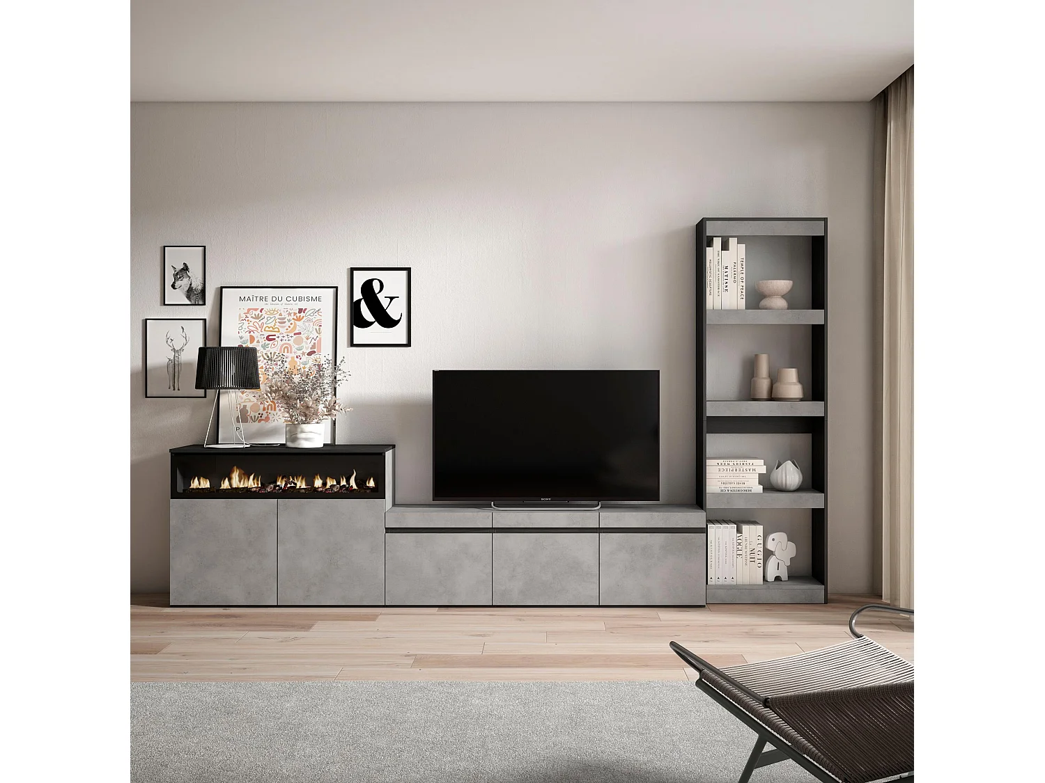 Ensemble Meuble TV, 310x35x186cm, Pour les TV jusqu'à 65", Cheminée électrique, Ciment