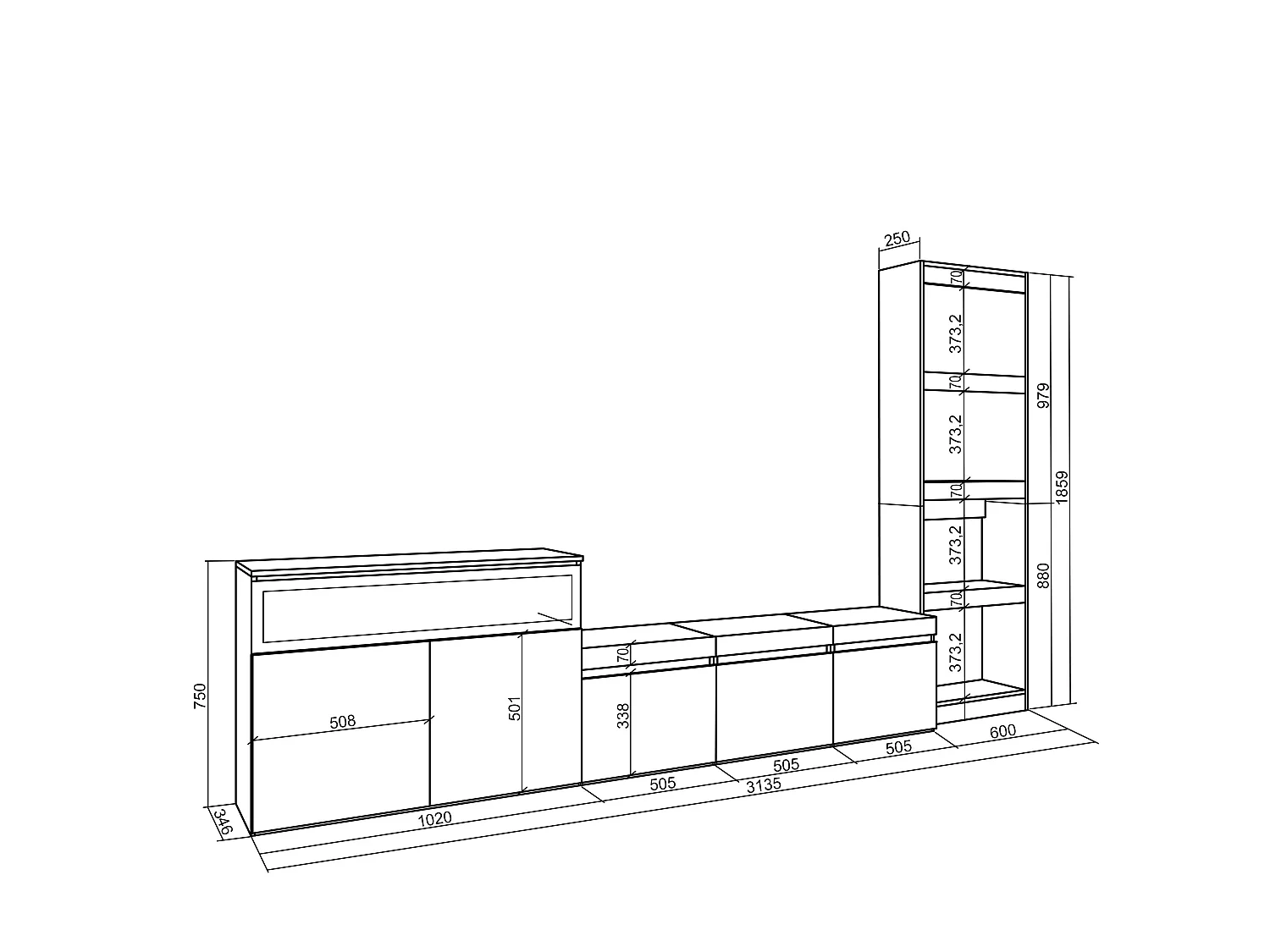Ensemble Meuble TV, 310x35x186cm, Pour les TV jusqu'à 65", Cheminée électrique, Ciment