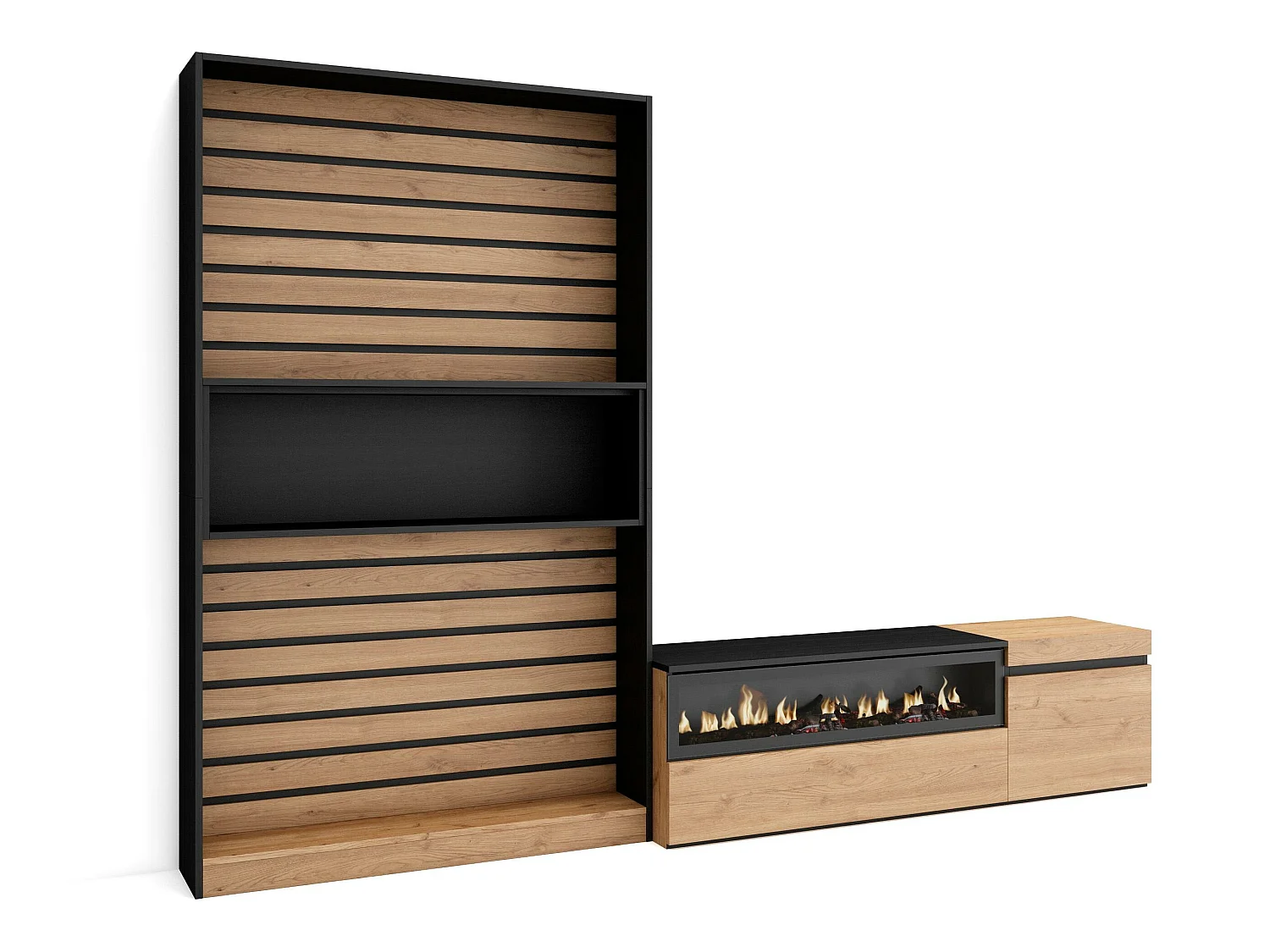 Ensemble Meuble TV, 260x35x186cm, Pour les TV jusqu'à 65", Cheminée électrique, Chêne et noir