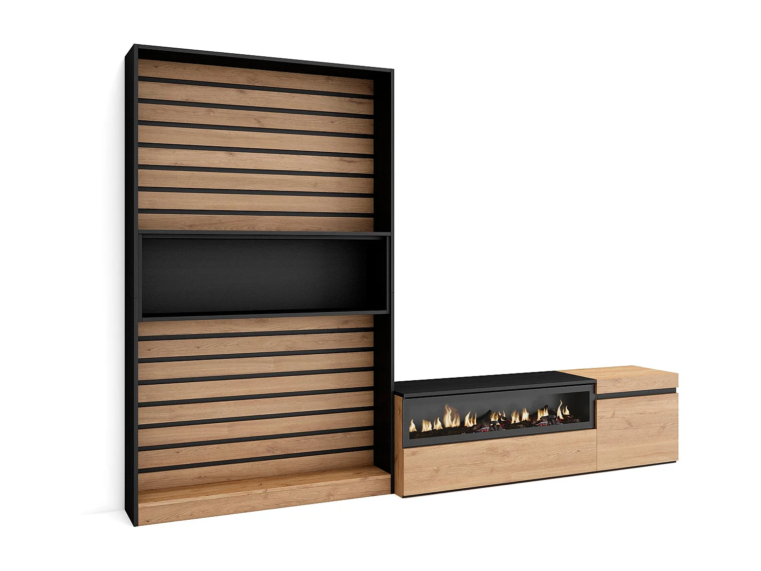 Mobile Soggiorno TV, 260x35x186cm, Per TV fino a 65", Camino elettrico, Rovere e nero