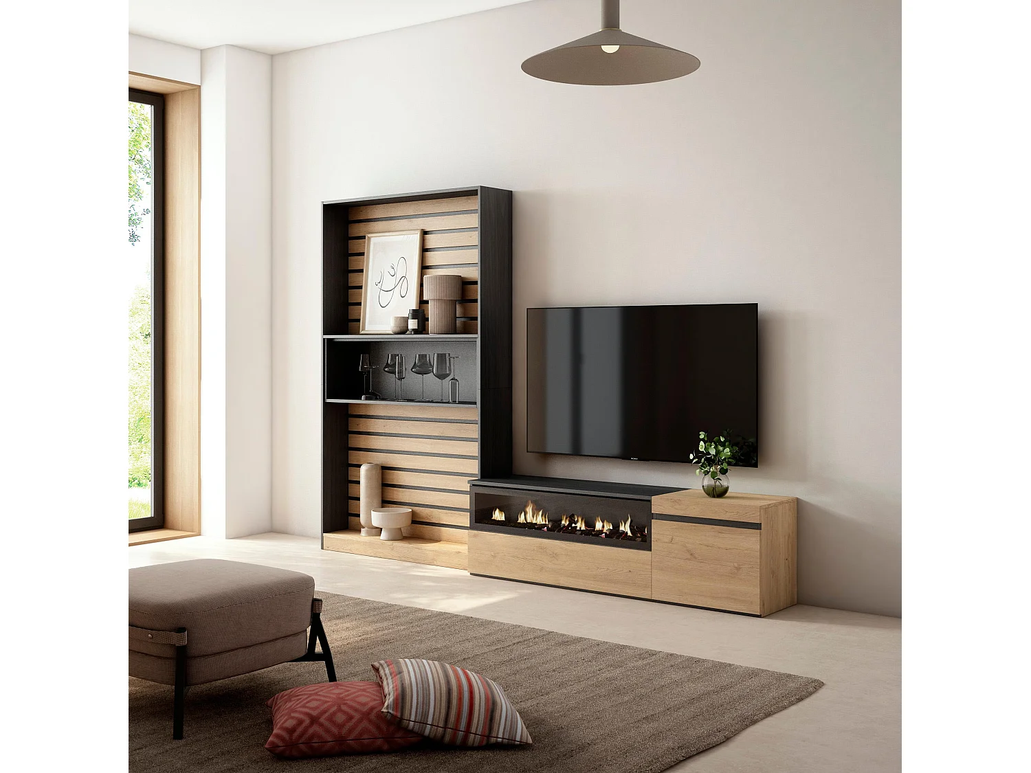 Mobile Soggiorno TV, 260x35x186cm, Per TV fino a 65", Camino elettrico, Rovere e nero