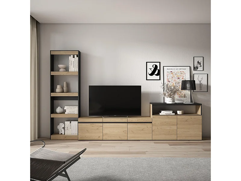 Meubels voor woonkamer, 310x35x186cm, Voor tv's tot 65", TV-Tafel, Eiken/Zwart