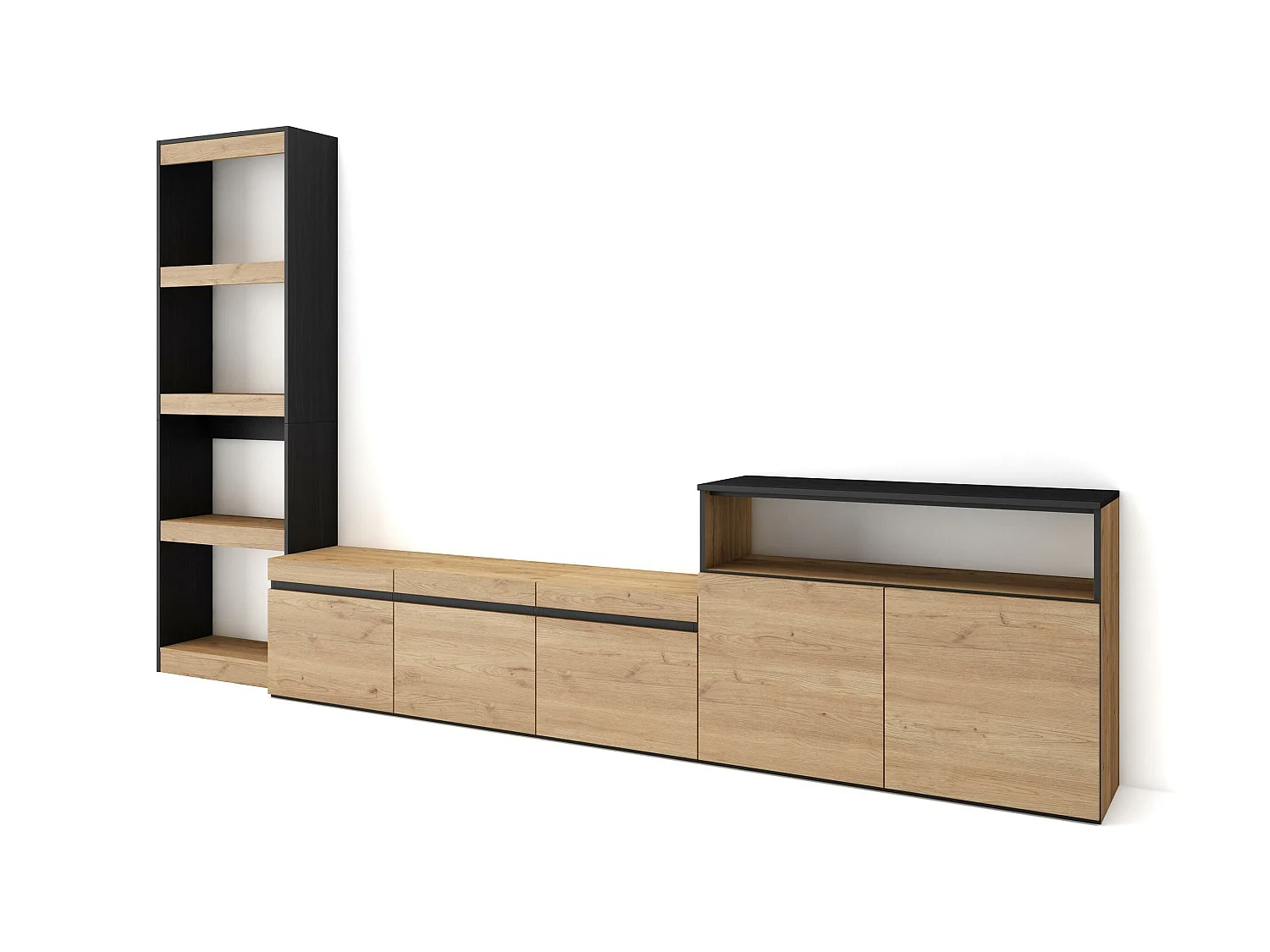 Ensemble Meuble TV, 310x35x186cm, Pour les TV jusqu'à 65", Salon Complet, Chêne et noir