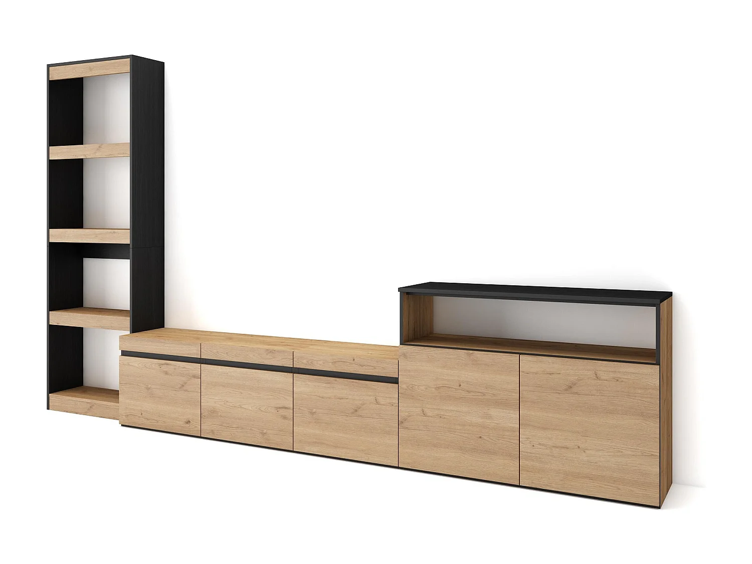 Ensemble Meuble TV, 310x35x186cm, Pour les TV jusqu'à 65", Salon Complet, Chêne et noir