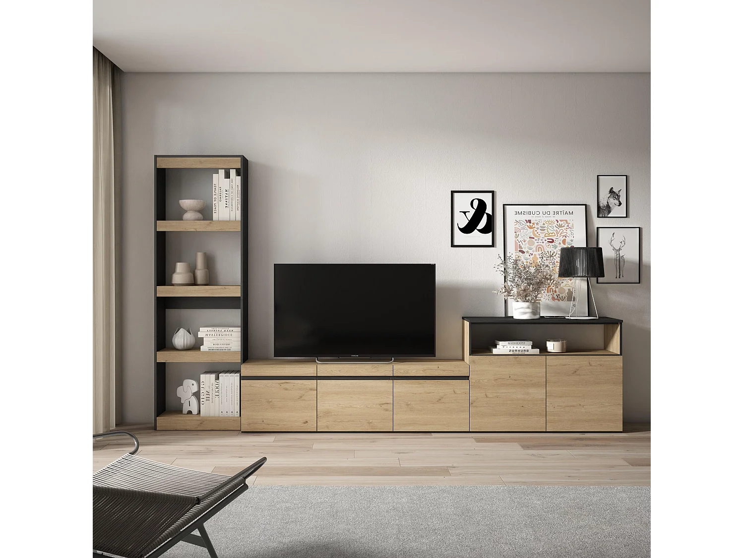 Wohnwand Wohnzimmer, 310x35x186cm, Für TV-Geräte bis zu 65", Wohnzimmer Möbel , Eiche Schwarz
