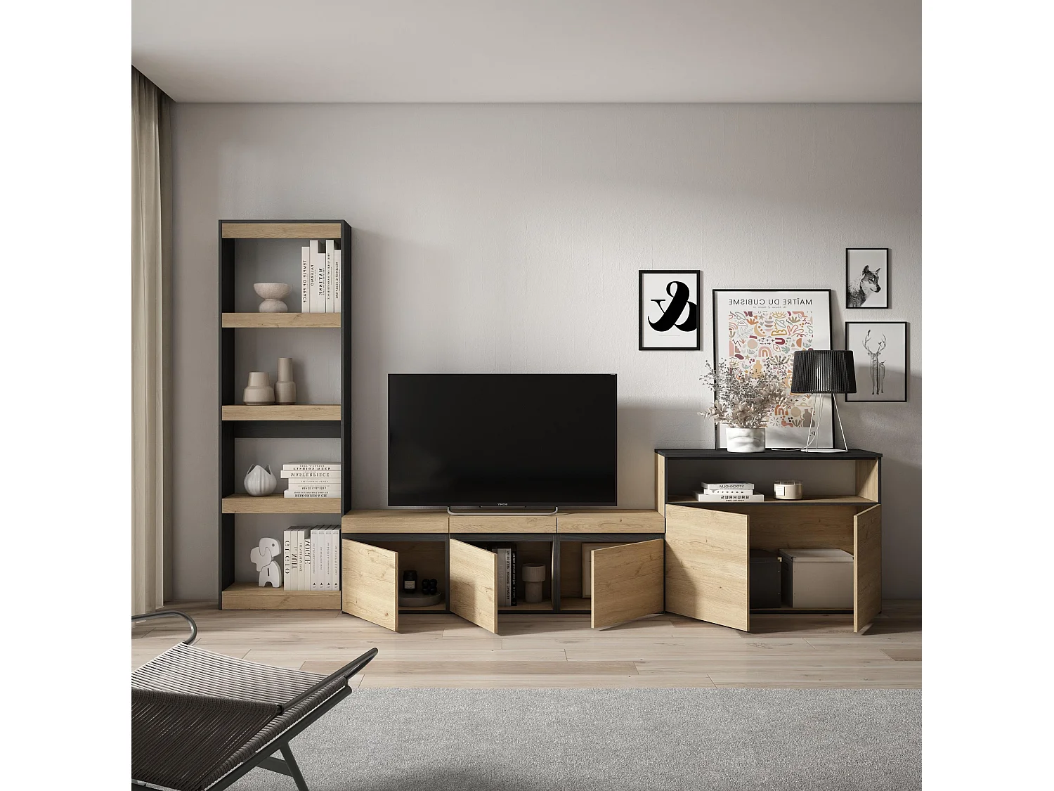 Wohnwand Wohnzimmer, 310x35x186cm, Für TV-Geräte bis zu 65", Wohnzimmer Möbel , Eiche Schwarz
