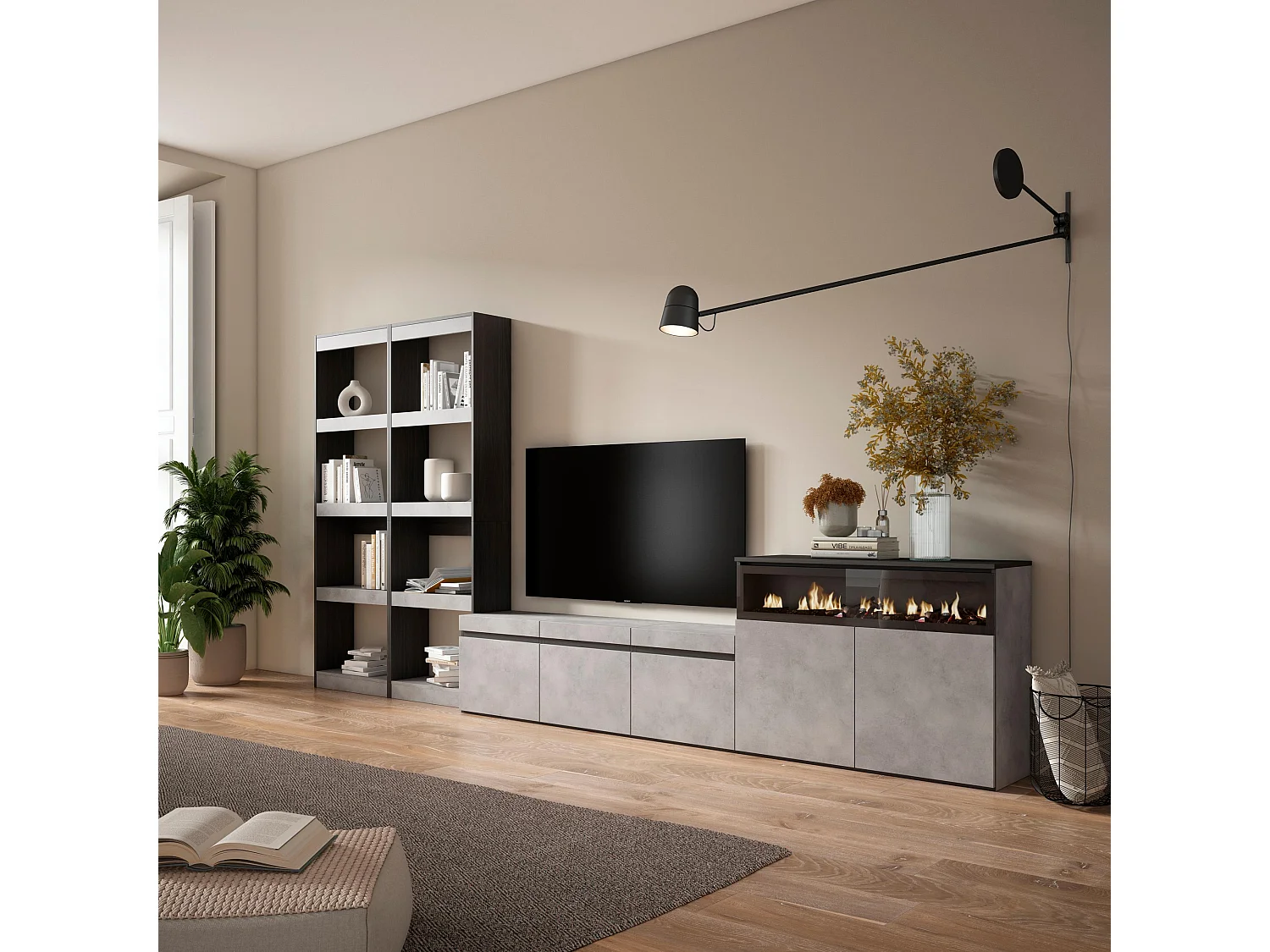 Meubels voor woonkamer, 370x35x186cm, Voor tv's tot 65", Elektrische haard, Cement