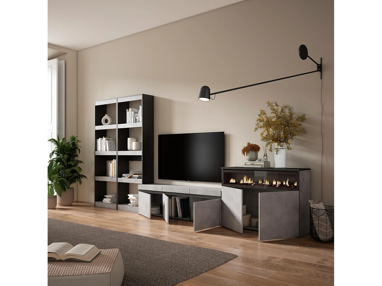Meubels voor woonkamer, 370x35x186cm, Voor tv's tot 65", Elektrische haard, Cement