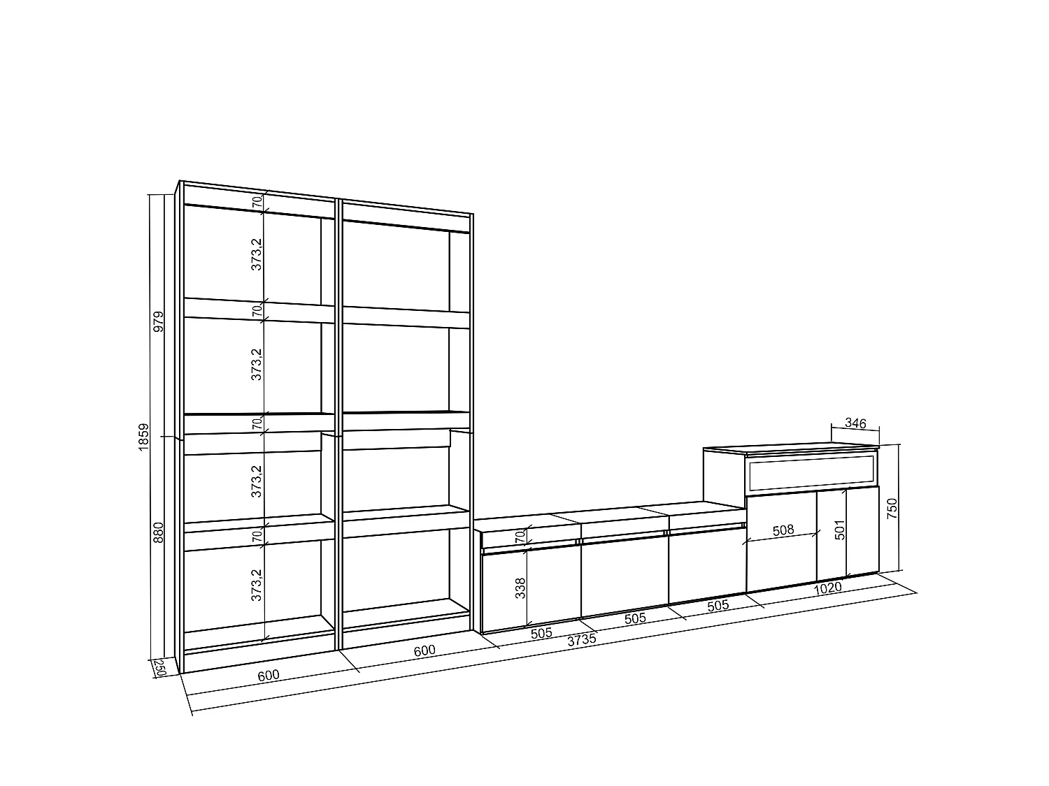 Meubels voor woonkamer, 370x35x186cm, Voor tv's tot 65", Elektrische haard, Cement