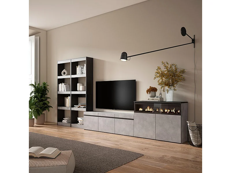 Mobile Soggiorno TV, 370x35x186cm, Per TV fino a 65", Camino elettrico, Cemento