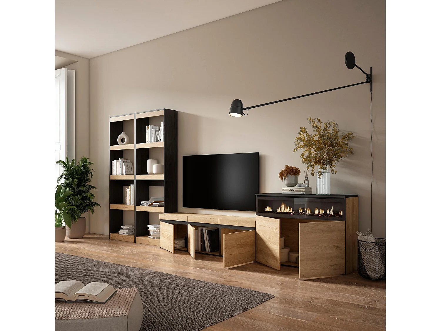 Mobile Soggiorno TV, 370x35x186cm, Per TV fino a 65", Camino elettrico, Rovere e nero