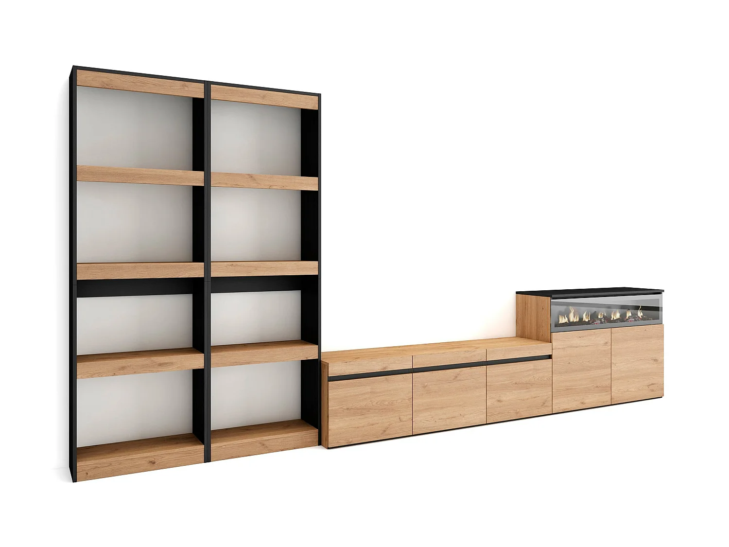 Ensemble Meuble TV, 370x35x186cm, Pour les TV jusqu'à 65", Cheminée électrique, Chêne et noir