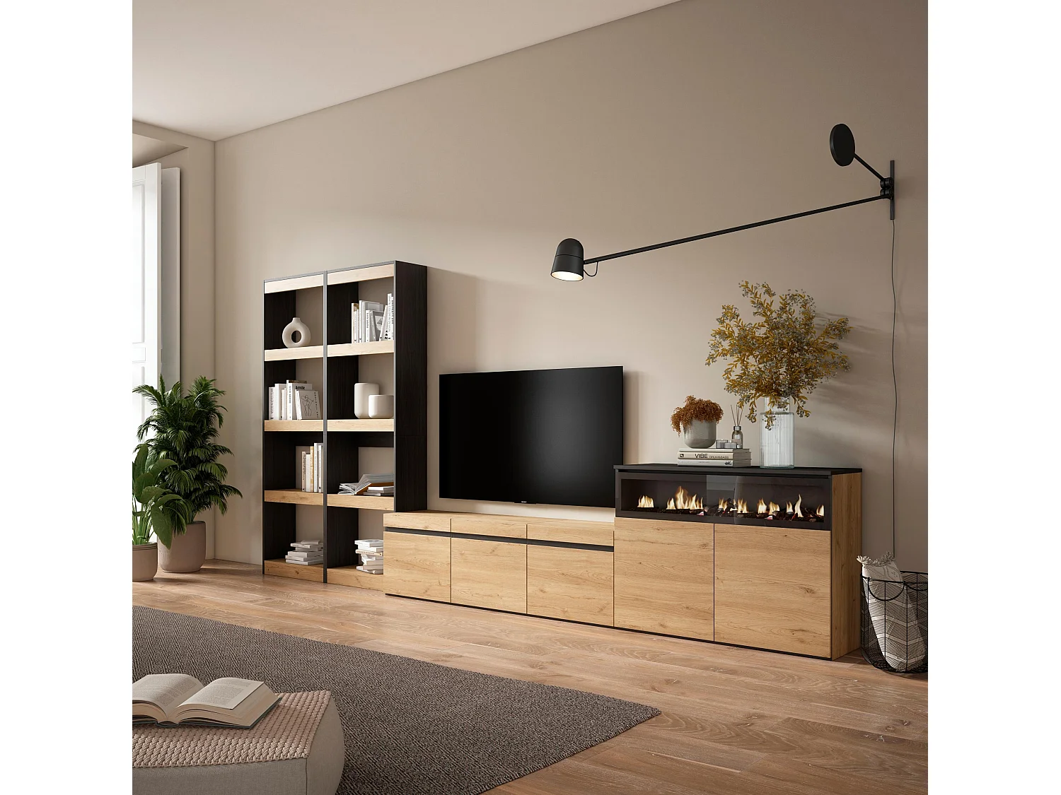 Ensemble Meuble TV, 370x35x186cm, Pour les TV jusqu'à 65", Cheminée électrique, Chêne et noir