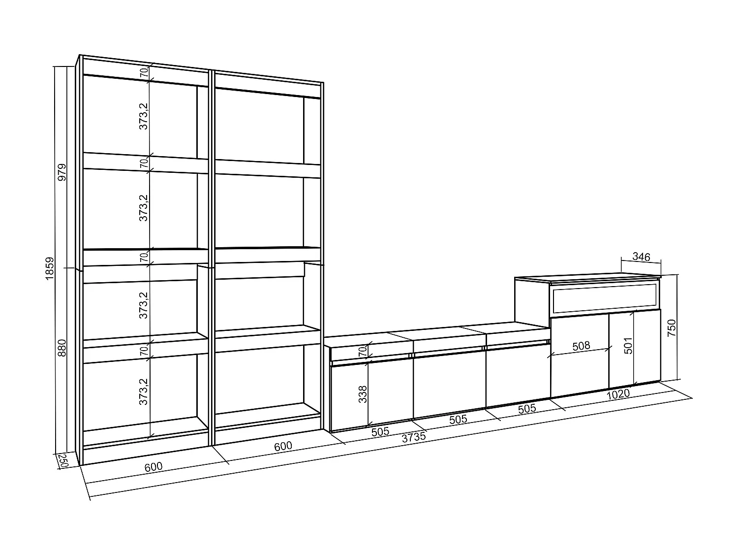 Ensemble Meuble TV, 370x35x186cm, Pour les TV jusqu'à 65", Cheminée électrique, Chêne et noir