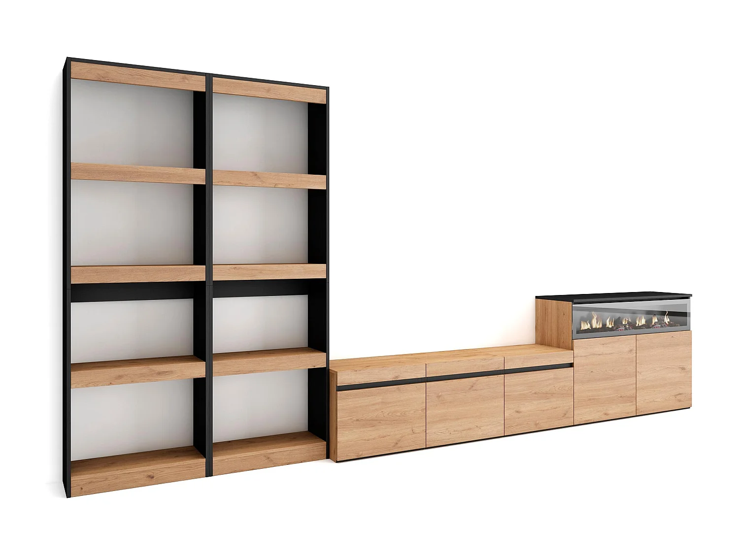 Conjunto de móveis TV, 370x35x186cm, Para televisores até 65", Lareira eléctrica, Carvahlo e preto