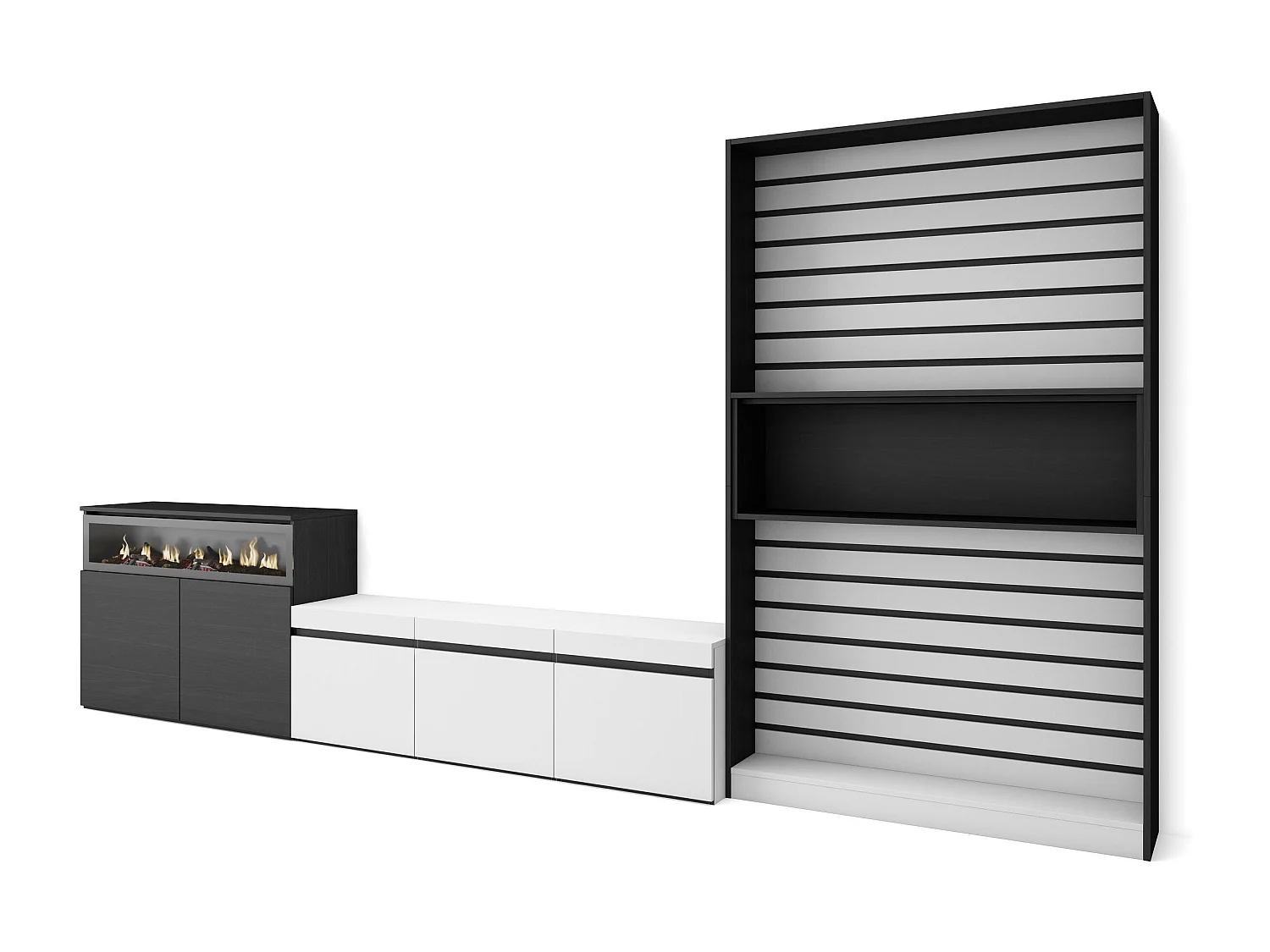 Ensemble Meuble TV, 360x35x186cm, Pour les TV jusqu'à 65", Cheminée électrique, Blanc et noir