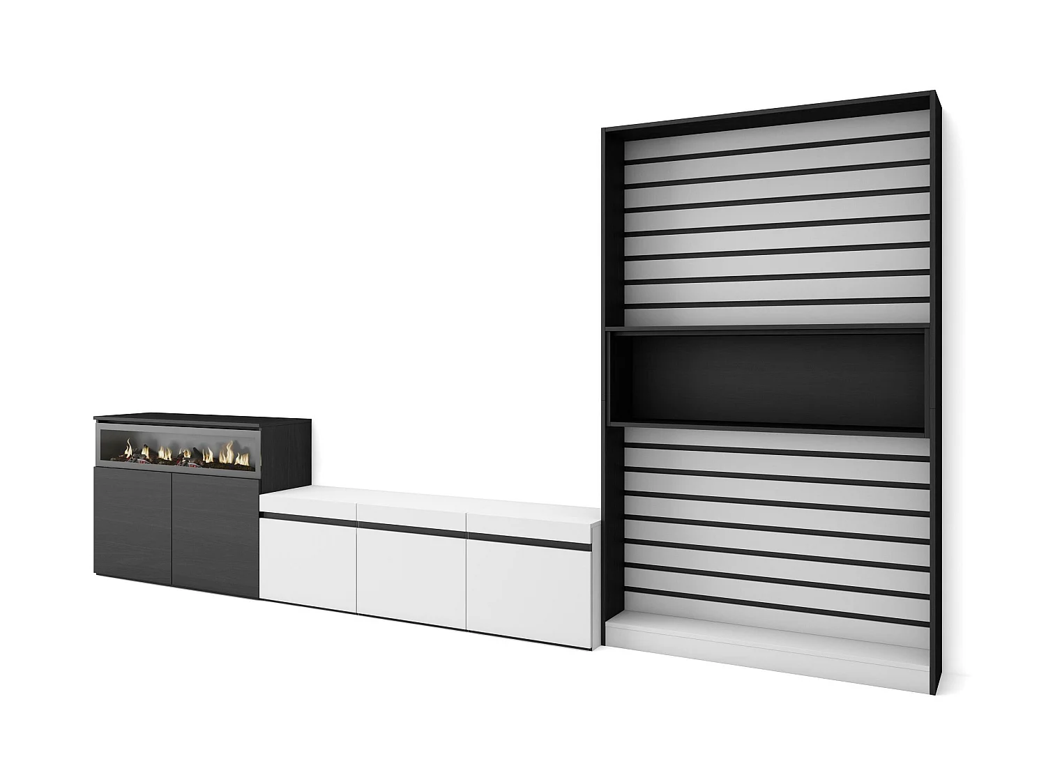 Ensemble Meuble TV, 360x35x186cm, Pour les TV jusqu'à 65", Cheminée électrique, Blanc et noir