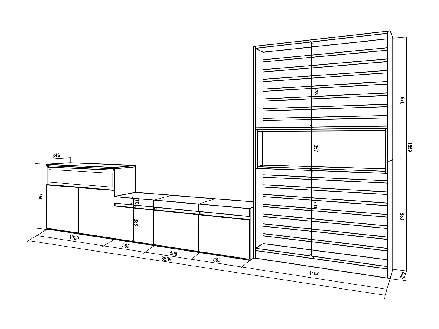 Meubels voor woonkamer, 360x35x186cm, Voor tv's tot 65", Elektrische haard, Wit en Zwart