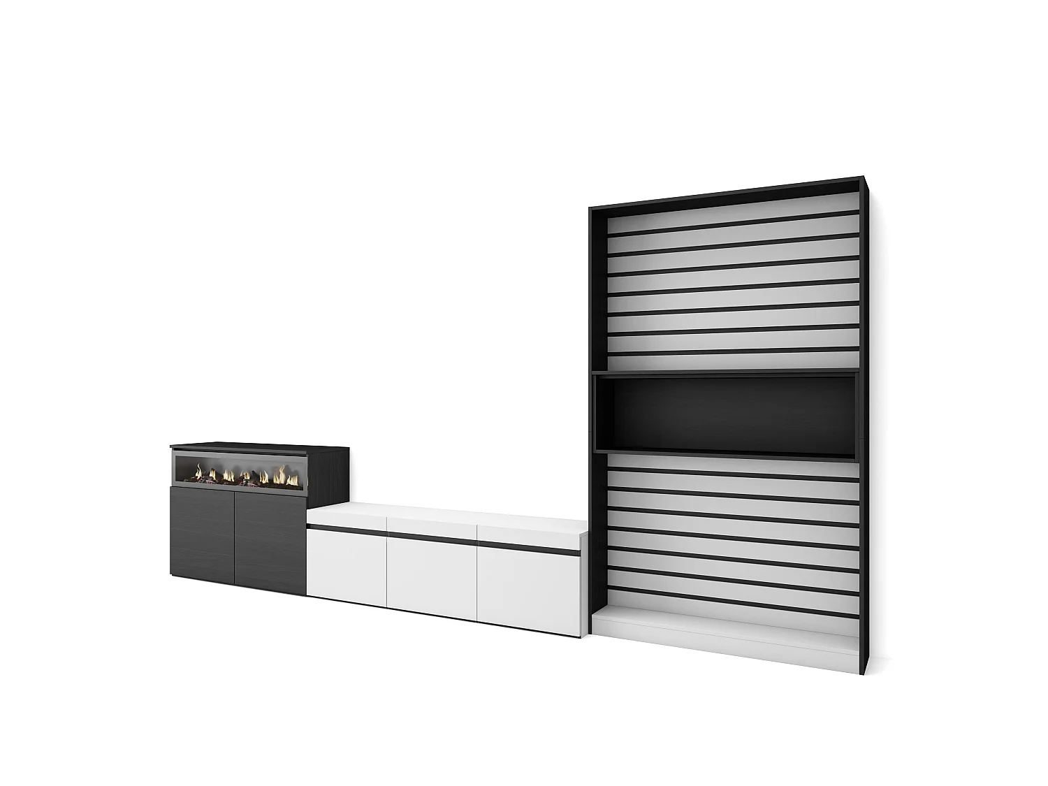 Wohnwand Wohnzimmer, 360x35x186cm, Für TV-Geräte bis zu 65", Elektrokamin. , Weiß und Schwarz