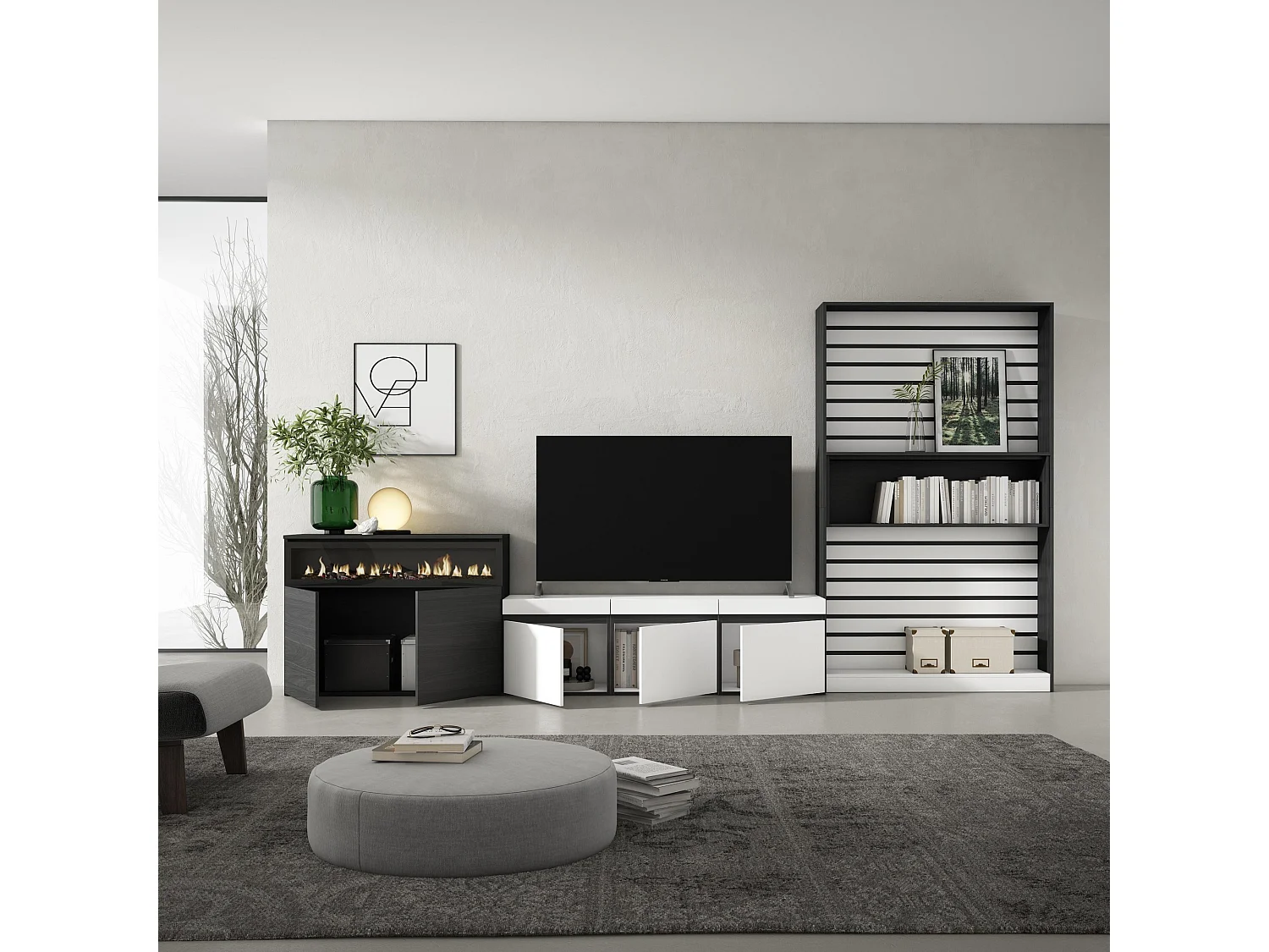 Wohnwand Wohnzimmer, 360x35x186cm, Für TV-Geräte bis zu 65", Elektrokamin. , Weiß und Schwarz