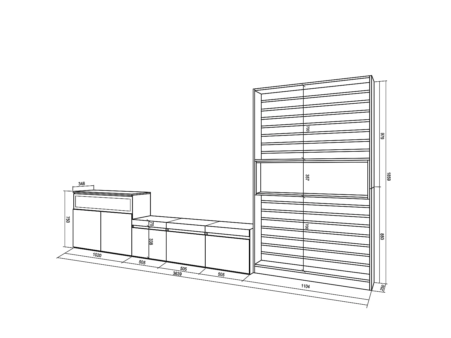 Wohnwand Wohnzimmer, 360x35x186cm, Für TV-Geräte bis zu 65", Elektrokamin. , Weiß und Schwarz