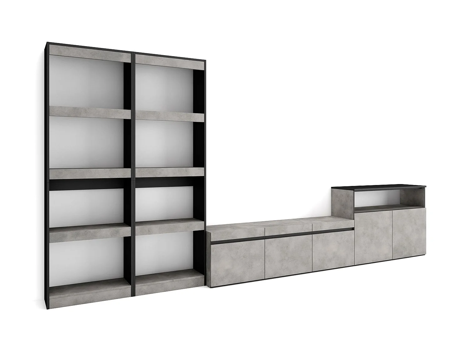 Ensemble Meuble TV, 370x35x186cm, Pour les TV jusqu'à 65", Salon Complet, Ciment
