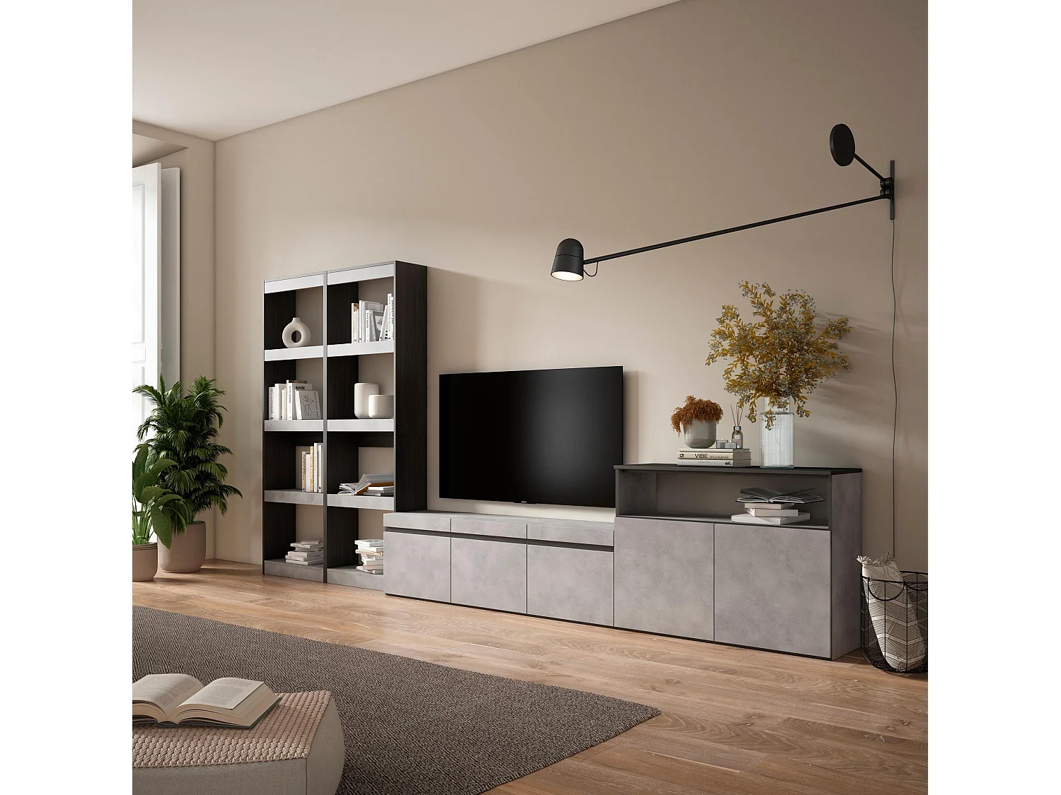 Ensemble Meuble TV, 370x35x186cm, Pour les TV jusqu'à 65", Salon Complet, Ciment