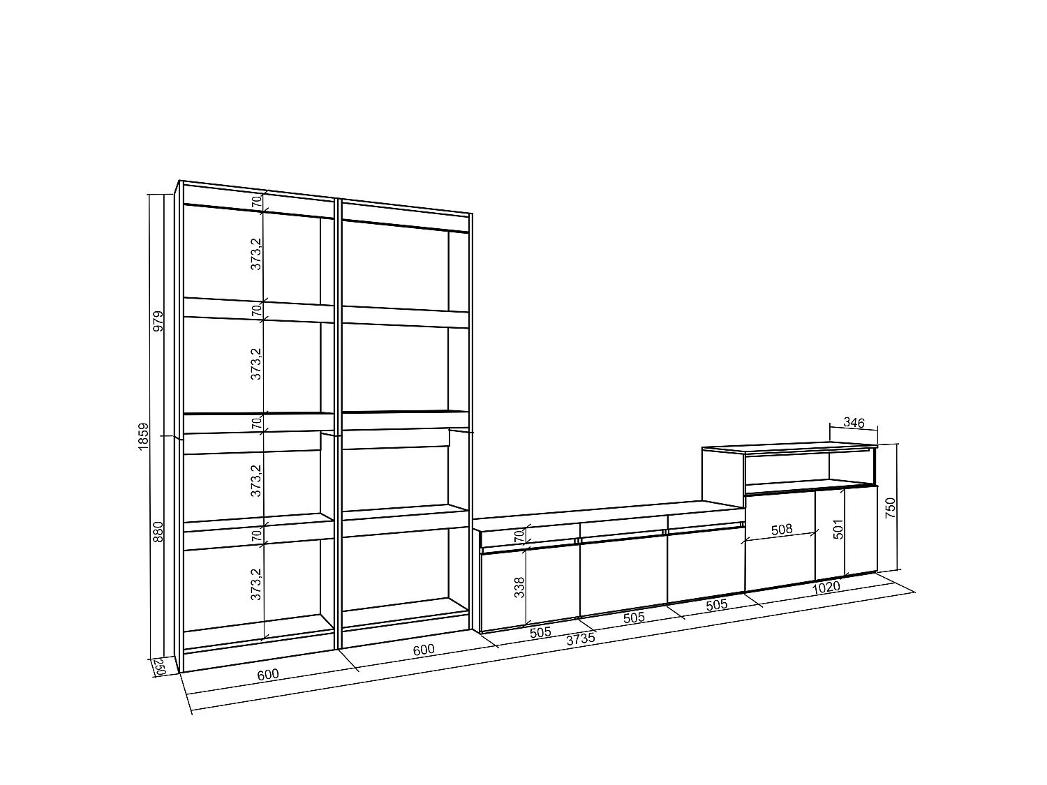 Ensemble Meuble TV, 370x35x186cm, Pour les TV jusqu'à 65", Salon Complet, Ciment