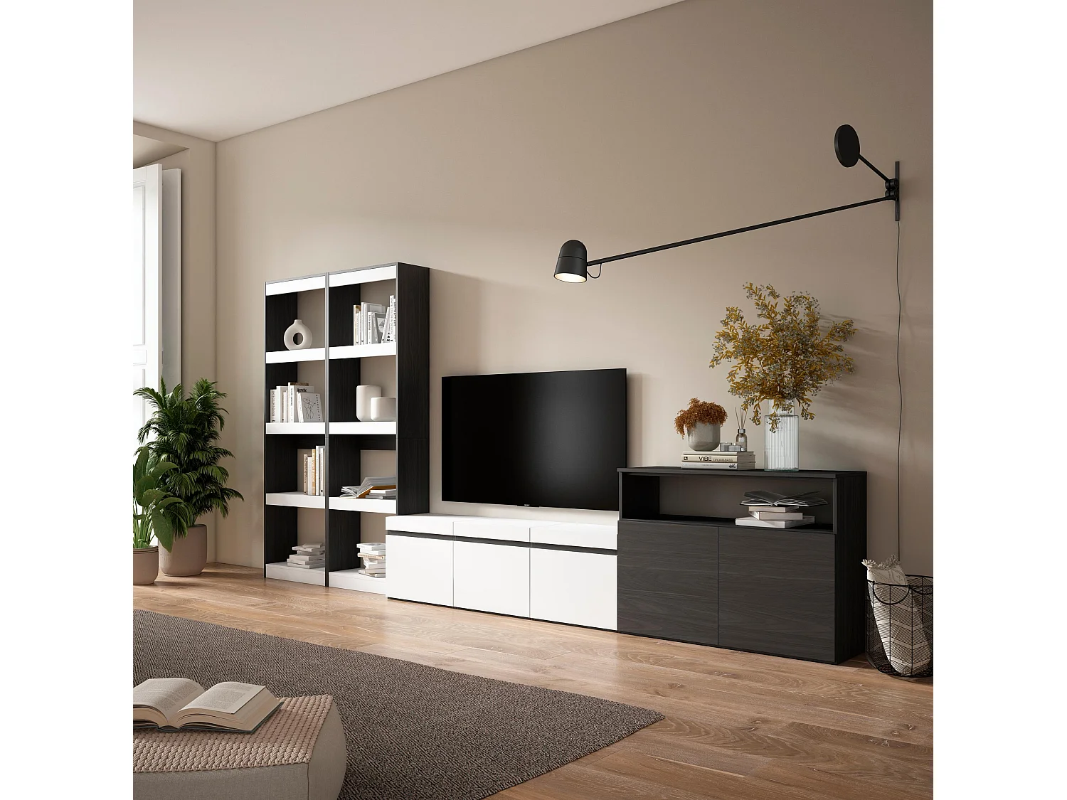 Meubels voor woonkamer, 370x186x35cm, Voor tv's tot 65", TV-Tafel, Wit en Zwart