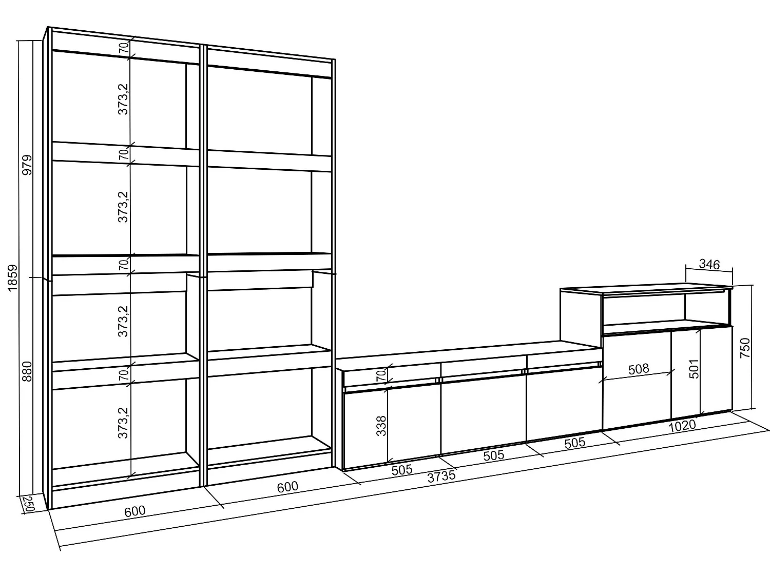 Ensemble Meuble TV, 370x186x35cm, Pour les TV jusqu'à 65", Salon Complet, Blanc et noir