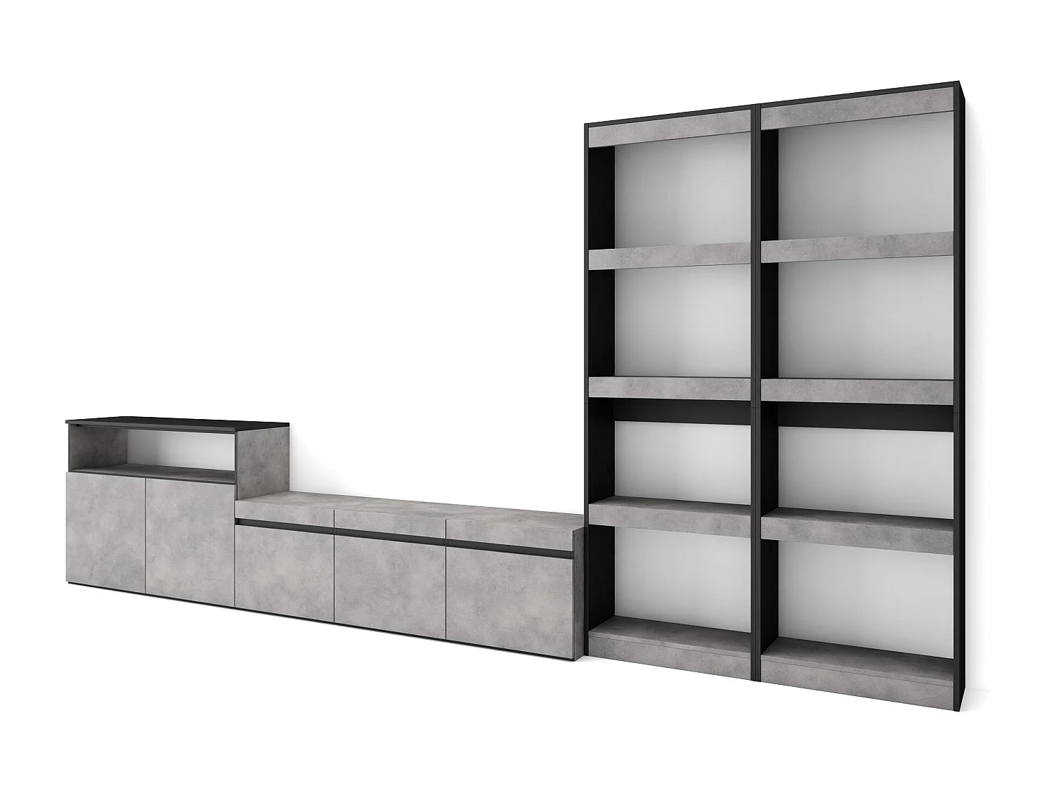 Wohnwand Wohnzimmer, 370x35x186cm, Für TV-Geräte bis zu 65", Wohnzimmer Möbel , Zement