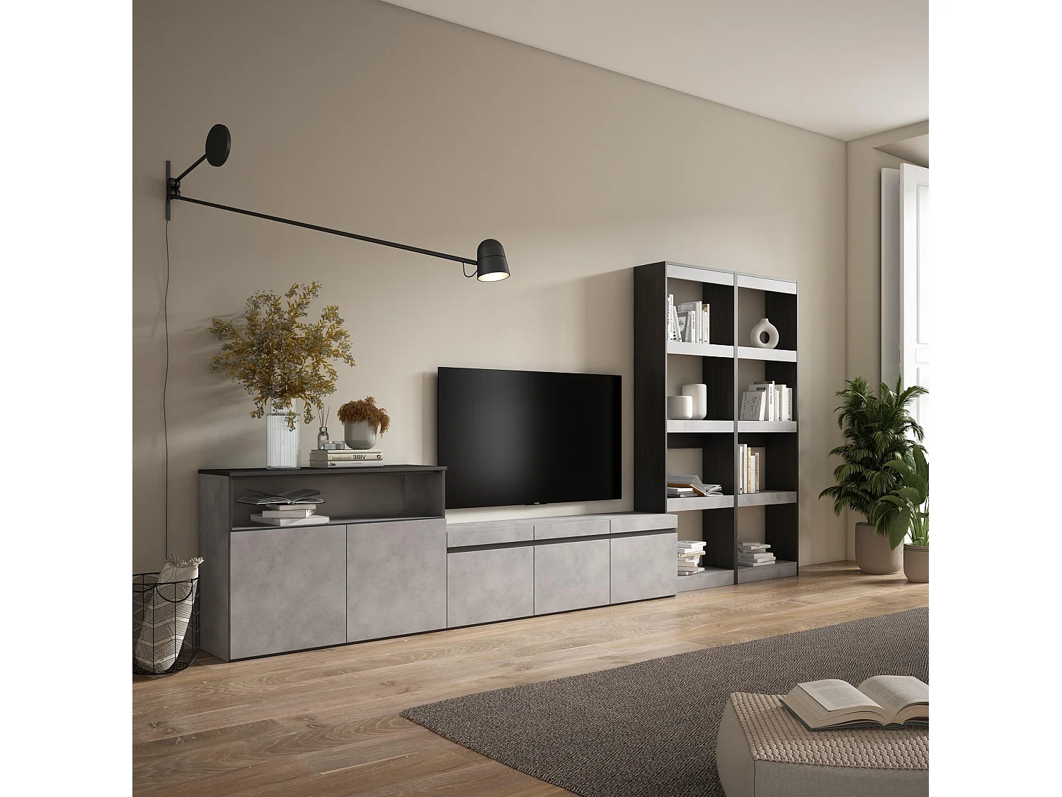 Ensemble Meuble TV, 370x35x186cm, Pour les TV jusqu'à 65", Salon Complet, Ciment