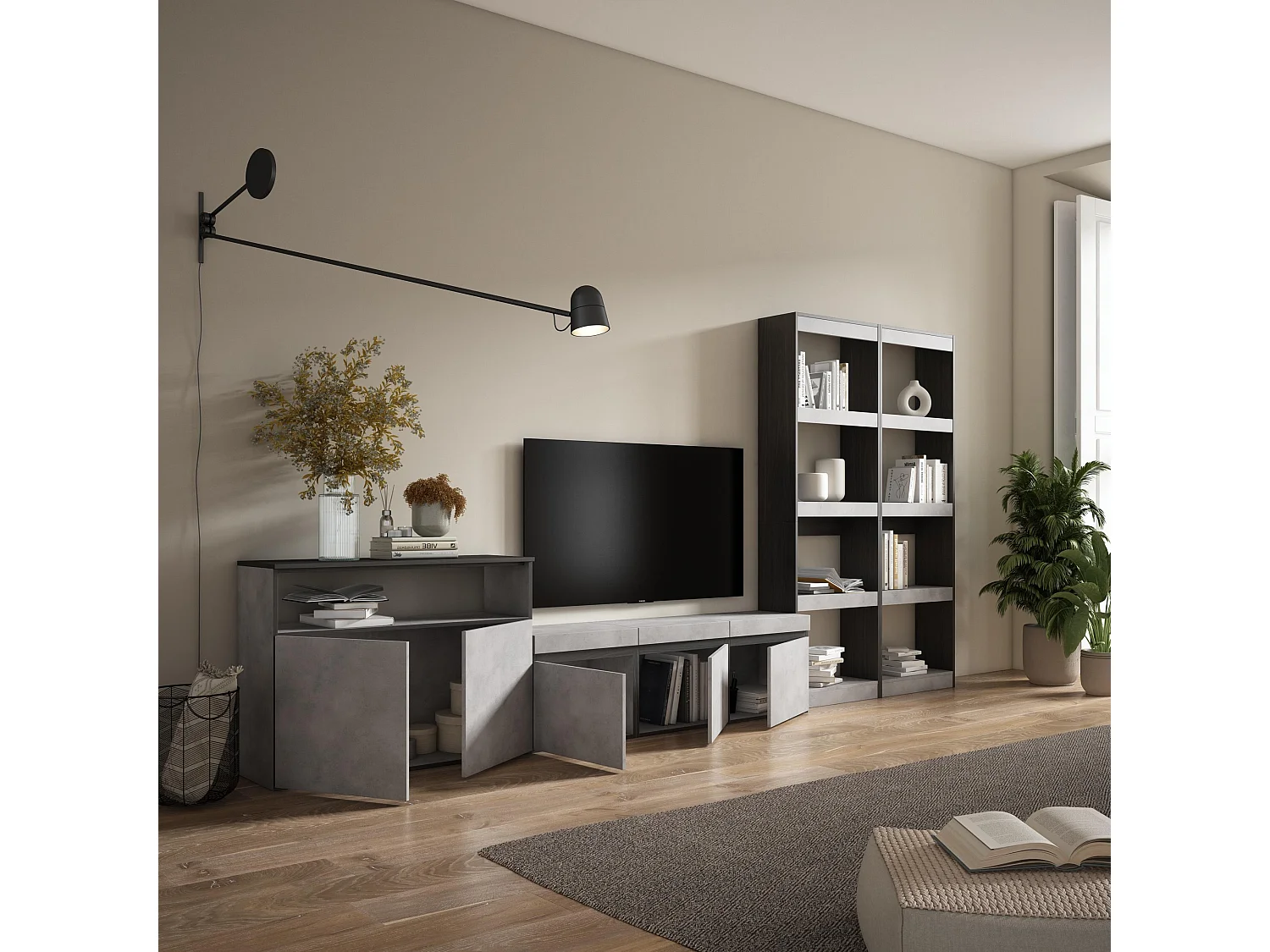 Muebles de Salón para TV, 370x35x186cm, Para TV hasta 65", Mueble Televisión, Cemento