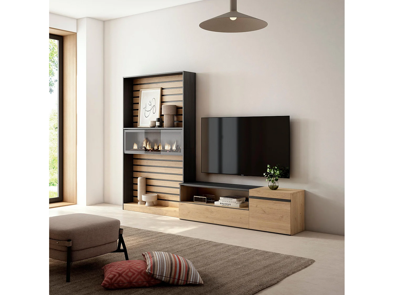 Ensemble Meuble TV, 260x35x186cm, Pour les TV jusqu'à 65", Cheminée électrique, Chêne et noir