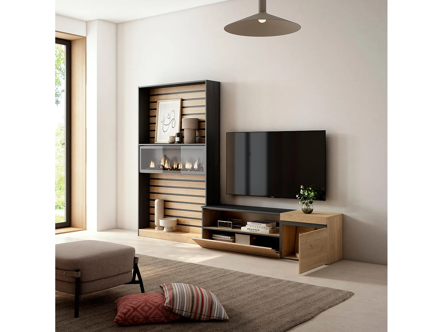 Ensemble Meuble TV, 260x35x186cm, Pour les TV jusqu'à 65", Cheminée électrique, Chêne et noir