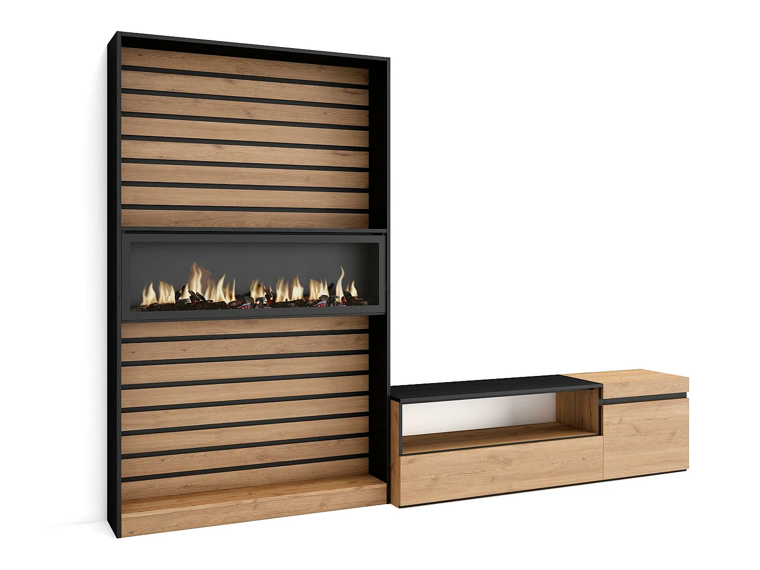 Ensemble Meuble TV, 260x35x186cm, Pour les TV jusqu'à 65", Cheminée électrique, Chêne et noir