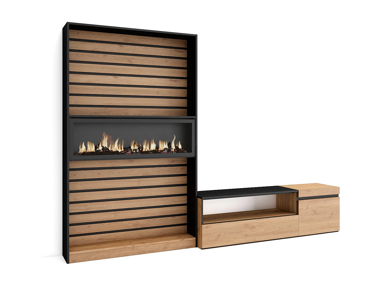 Ensemble Meuble TV, 260x35x186cm, Pour les TV jusqu'à 65", Cheminée électrique, Chêne et noir