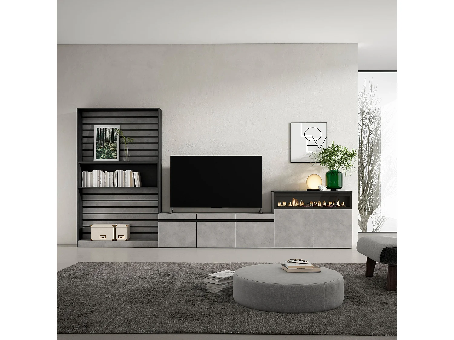Ensemble Meuble TV, 360x186x35cm, Pour les TV jusqu'à 65", Cheminée électrique, Ciment