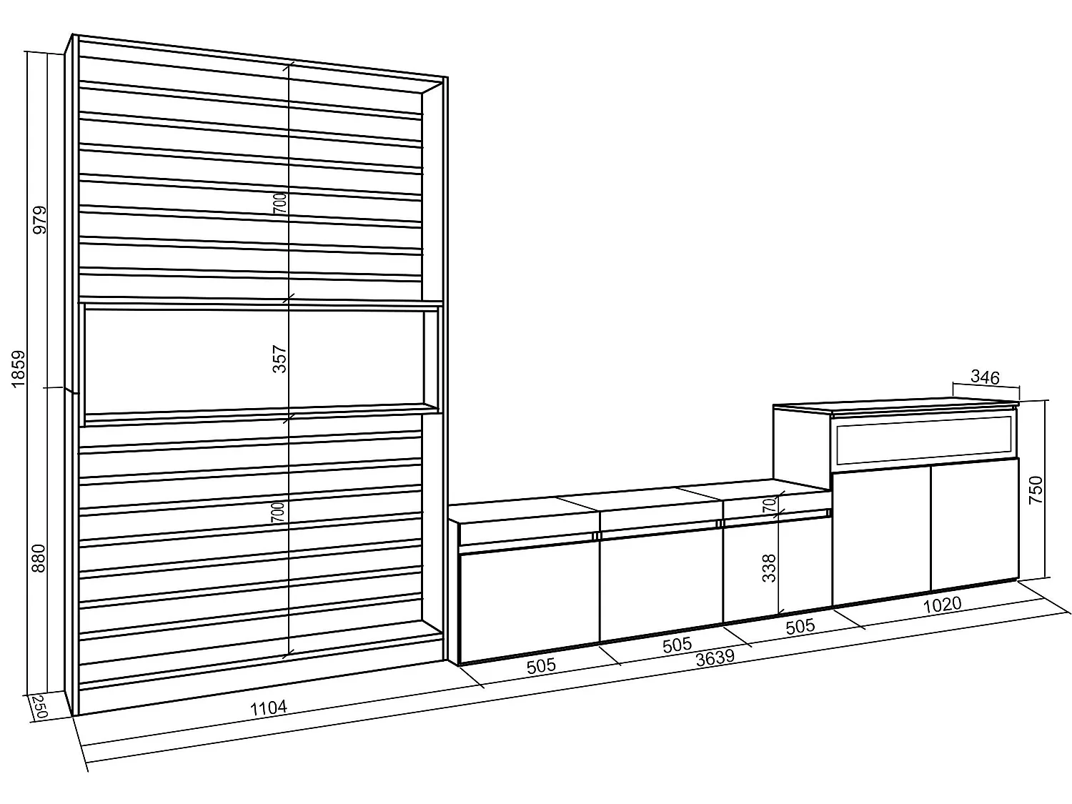 Ensemble Meuble TV, 360x186x35cm, Pour les TV jusqu'à 65", Cheminée électrique, Ciment