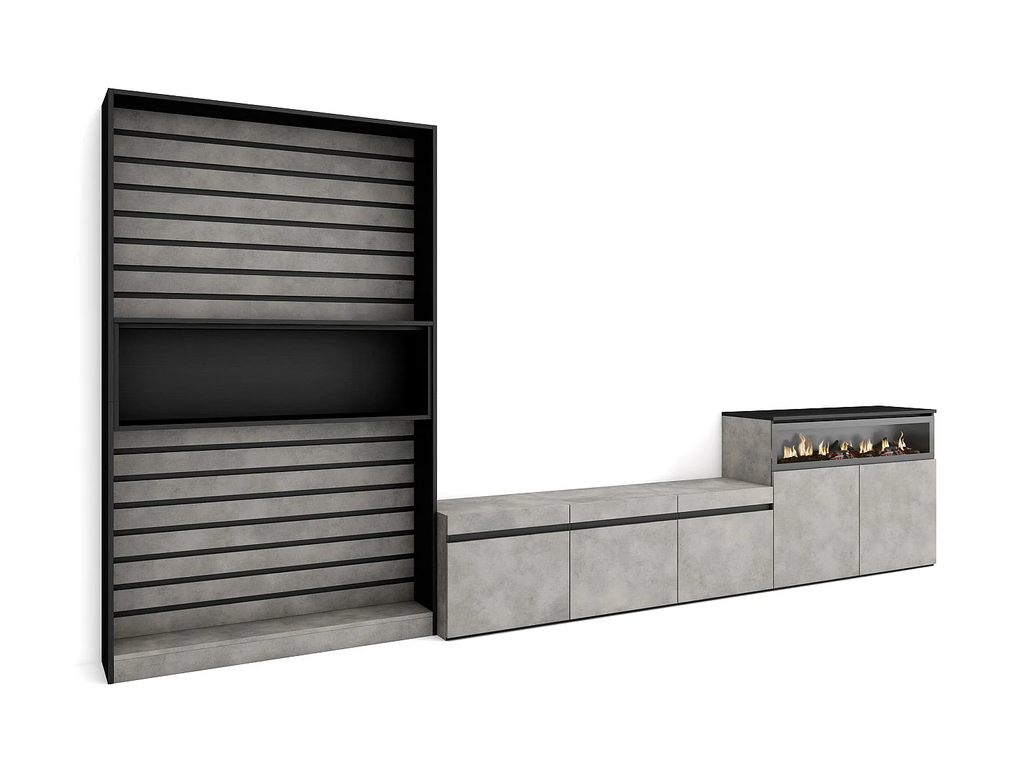 Ensemble Meuble TV, 360x186x35cm, Pour les TV jusqu'à 65", Cheminée électrique, Ciment