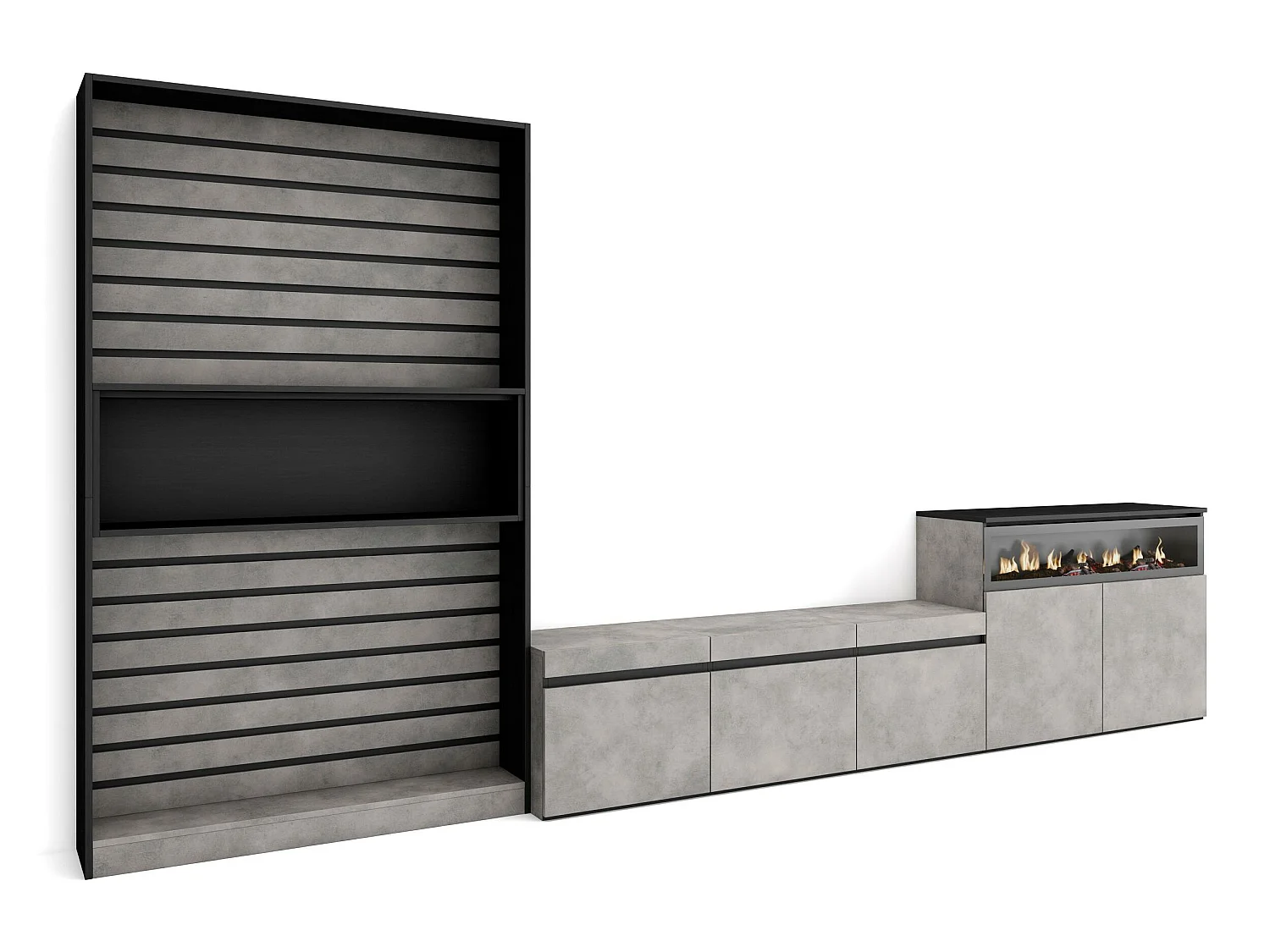 Ensemble Meuble TV, 360x186x35cm, Pour les TV jusqu'à 65", Cheminée électrique, Ciment